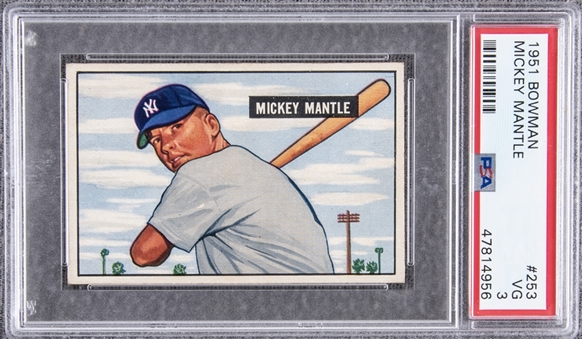 1951 Bowman #253 Mickey Mantle Rookie Card - PSA VG 3